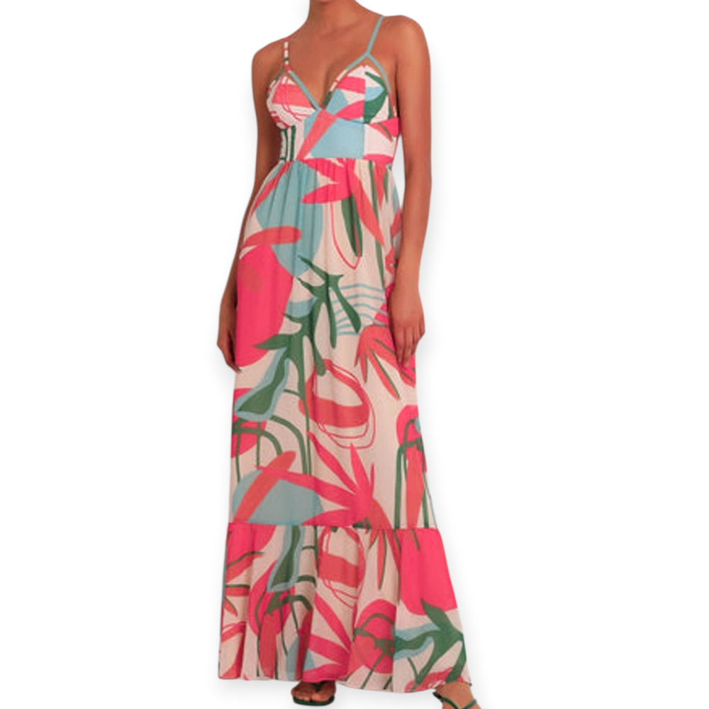 PatBO Rio Bustier Printed Long Maxi Dress Pink‎ Blue Size 8 New With Tags